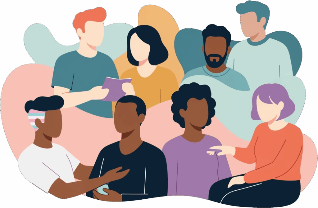 Illustration of a diverse group of eight people engaging in conversation. They are shown with varied hairstyles and skin tones, conveying inclusivity and unity.