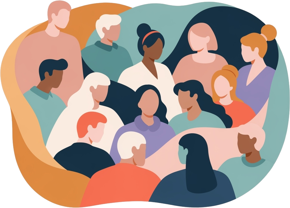 A diverse group of eleven stylized, faceless people in various outfits and hair colors, depicted in warm and cool tones, conveying unity and diversity.