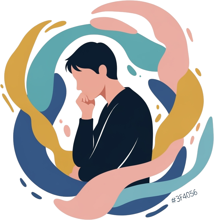 A person in deep thought is surrounded by swirling abstract shapes in blue, yellow, pink, and teal, conveying introspection and contemplation.