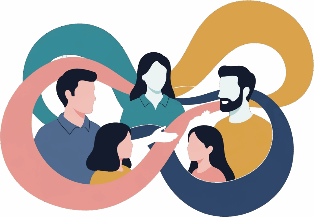 Illustration of five diverse people interconnected by multicolored infinity loops, symbolizing unity and continuity. The tone is collaborative and harmonious.