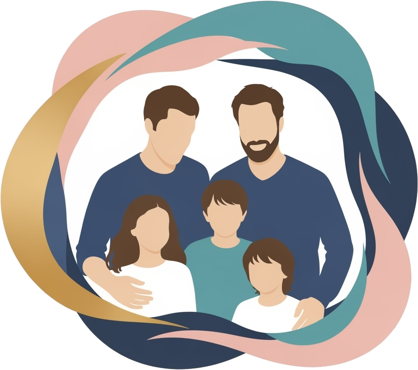 Illustration of two adults and three children smiling, surrounded by a swirling frame of pastel colors. The tone is warm and family-oriented.