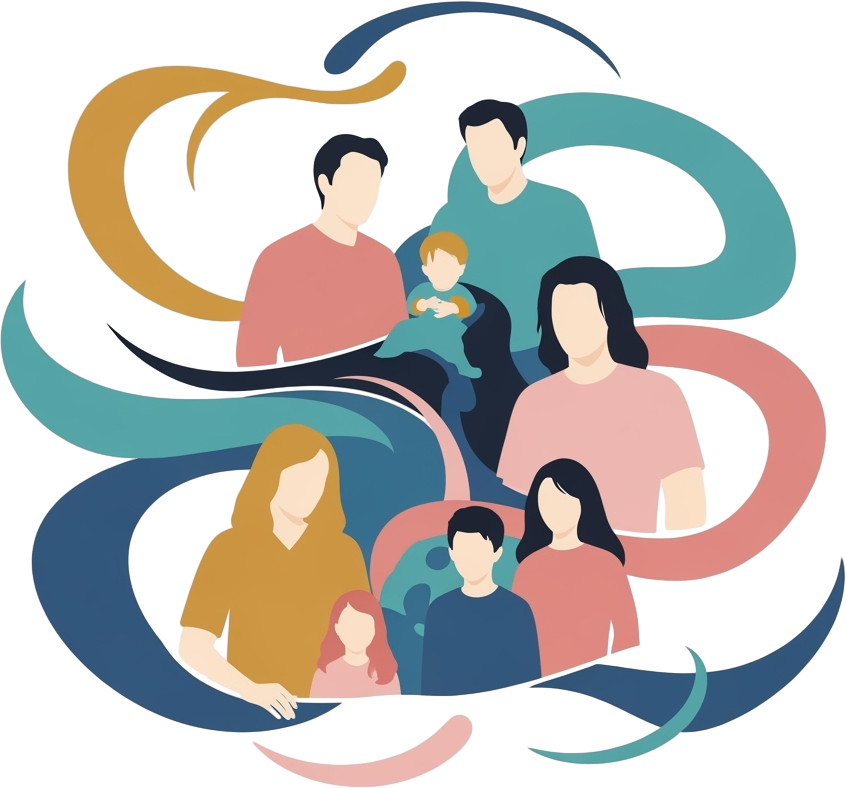 Stylized illustration of diverse family groups with abstract swirling lines in blue and yellow, symbolizing unity and connection on a black background.