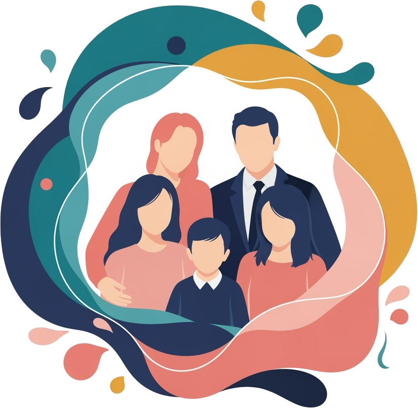 Illustration of a family of five with abstract shapes and colors around them. The image conveys warmth and unity with stylized, faceless figures.