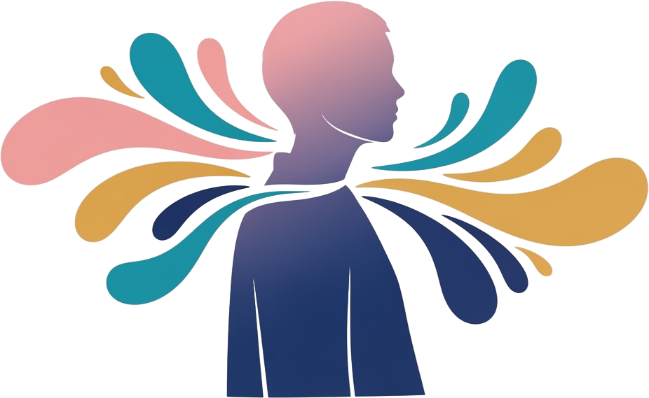 Silhouette of a person with colorful abstract shapes radiating from the shoulders. The gradient includes blue, pink, and yellow, set against a black background.