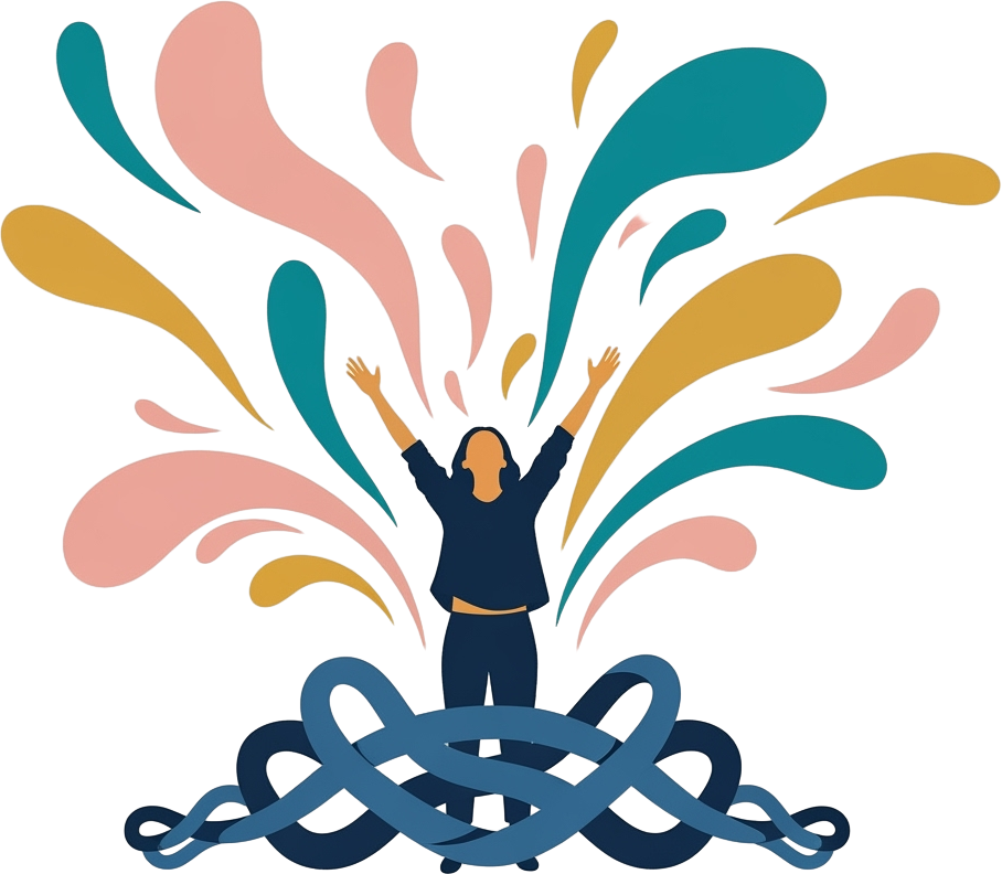 A woman is positioned in front of a vivid swirl of colors, highlighting a lively and creative atmosphere.