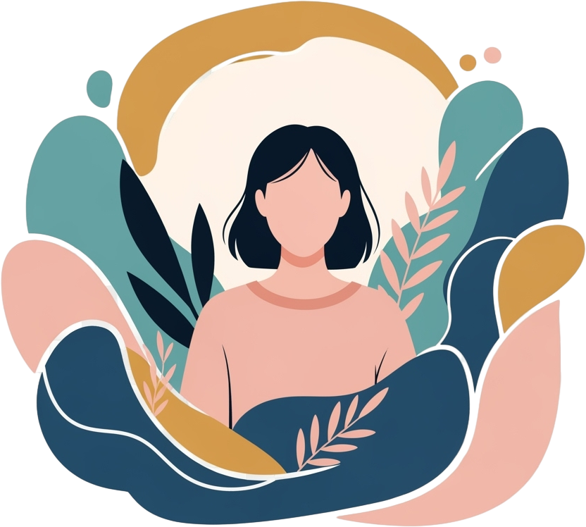 A woman is enveloped by an array of plants and leaves, highlighting her connection to nature in a vibrant setting.