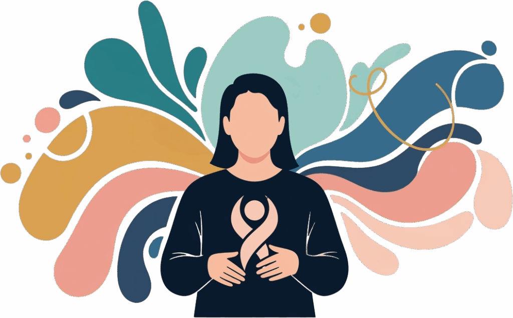 A woman holds a sign featuring a pink breast cancer ribbon, symbolizing awareness and support for breast cancer research.