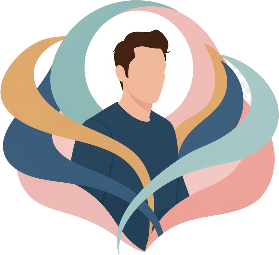 A man wearing a blue shirt stands against a background of pink and blue swirls.