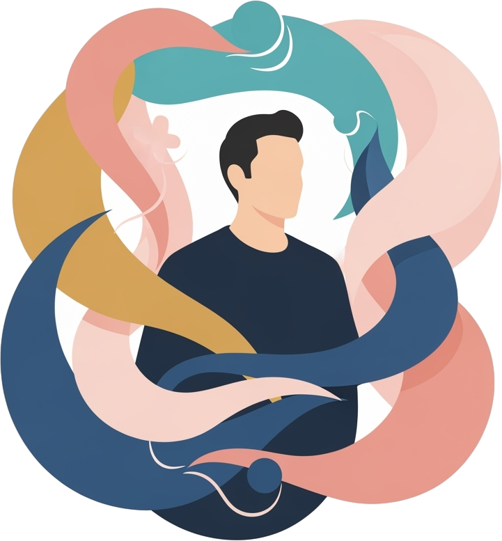 A man stands amidst vibrant, swirling colors that create a dynamic and energetic atmosphere around him.