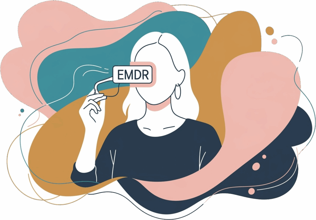 An abstract illustration of a person holding a spiral-topped stick labeled "EMDR". Colorful swirls surround the figure, conveying a sense of motion and therapy.