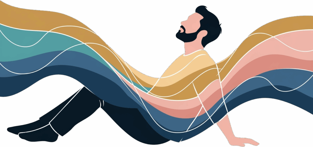 Abstract illustration of a person leaning back, surrounded by colorful, flowing waves in shades of blue, pink, and gold, conveying relaxation and calm.