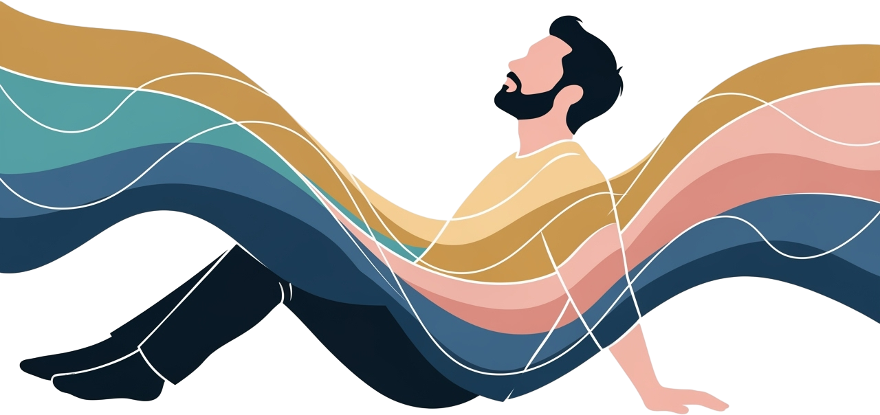 Abstract illustration of a person leaning back, surrounded by colorful, flowing waves in shades of blue, pink, and gold, conveying relaxation and calm.