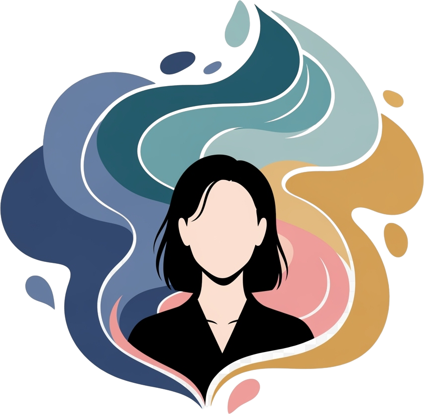 Abstract image of a faceless person with dark hair and a black shirt, surrounded by colorful swirling shapes in blue, teal, and orange on a black background.