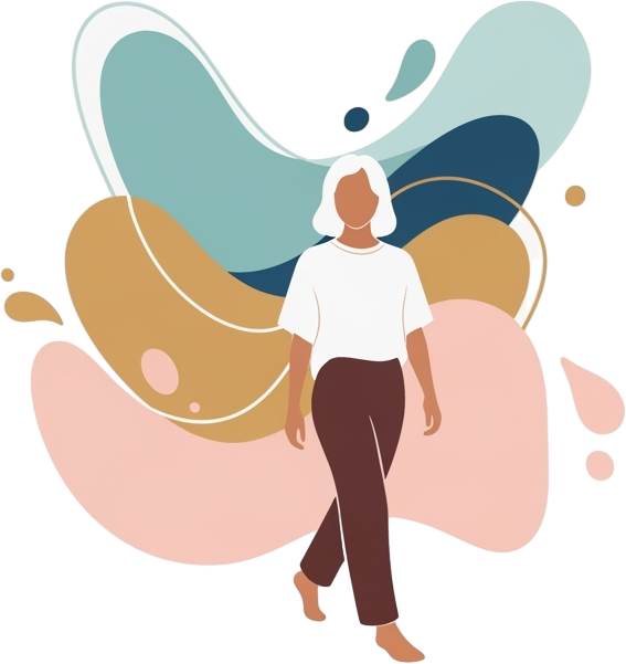 Illustration of a person with white hair walking confidently. Abstract background with flowing shapes in pastel colors, conveying calm and creativity.