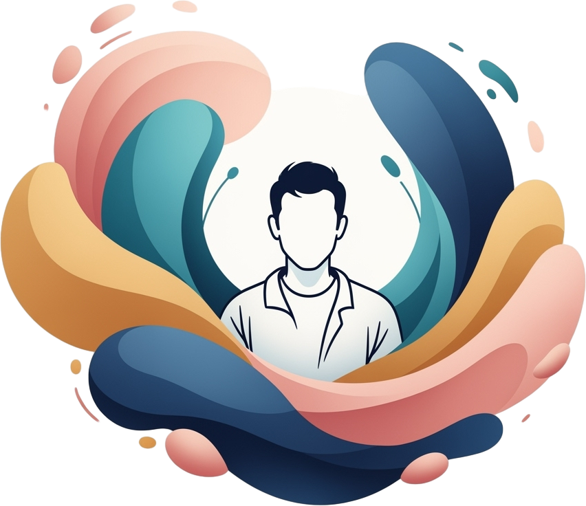 Abstract illustration of a faceless person in a collared shirt, surrounded by swirling, colorful waves in blue, orange, and pink, evoking creativity and fluidity.