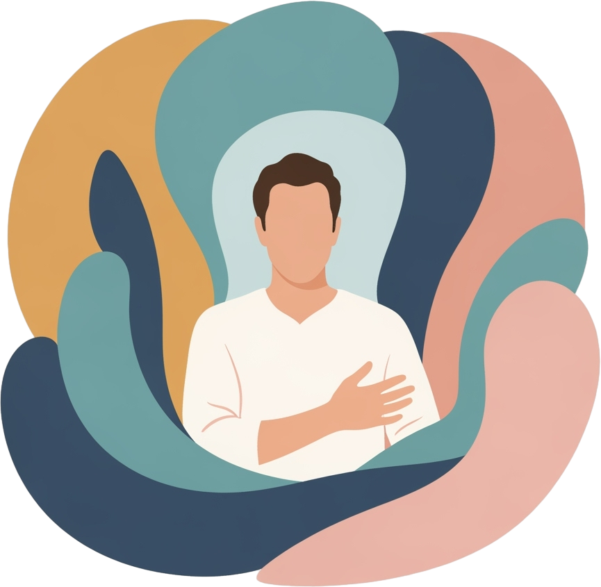 Abstract illustration of a faceless person in a white shirt with one hand on their chest, surrounded by swirling shapes in blue, peach, and mustard tones.