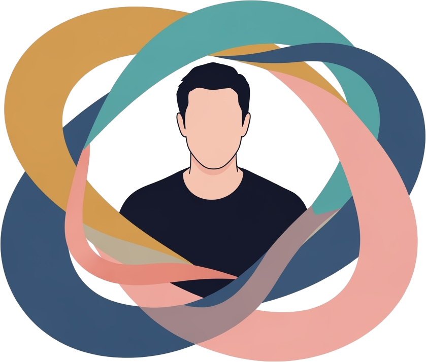 Abstract illustration of a faceless person inside overlapping loops in orange, teal, pink, and blue, conveying a sense of unity and complexity.