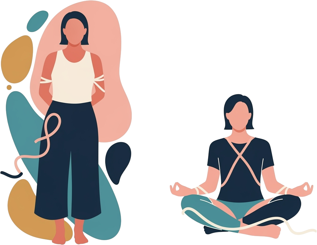 Illustration of two people against an abstract background; one stands confidently with hands behind, the other sits cross-legged meditating, conveying calmness.