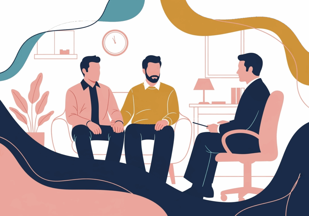 Illustration of three men seated in a room, engaged in conversation, with a neutral background.