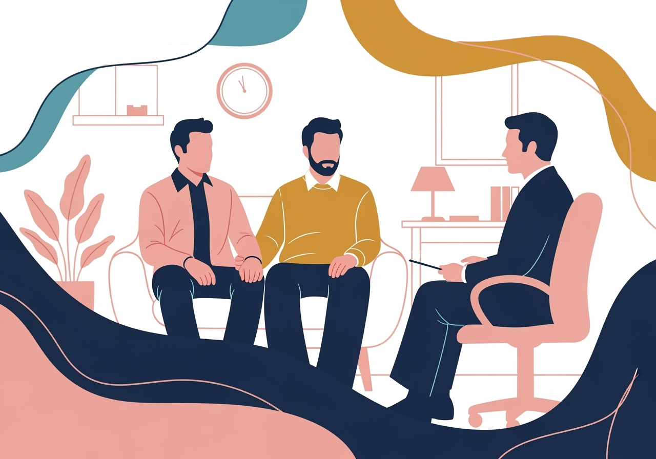 Illustration of three men seated in a room, engaged in conversation, with a neutral background.