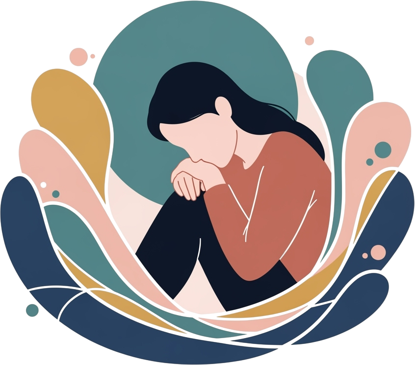 a woman sitting down with her hands on her knee