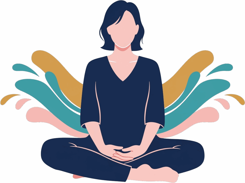 a woman sitting cross legged with colorful swirls