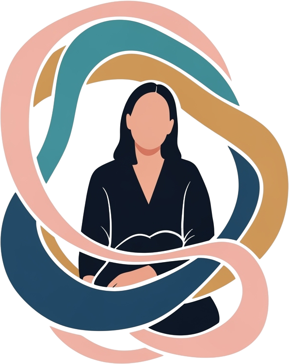 A woman seated in a circle, surrounded by a vibrant, colorful background.