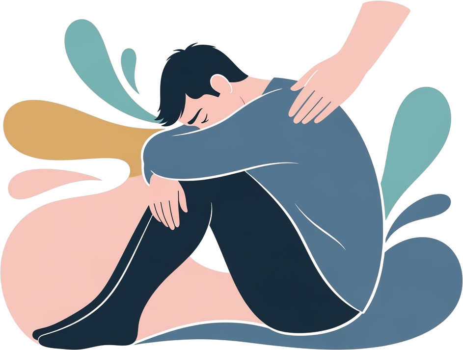 a man sitting on the floor with his head on his knee