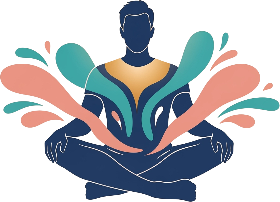 Illustration of a person meditating with abstract, colorful shapes in teal and peach surrounding them, conveying peace and creativity against a dark background.