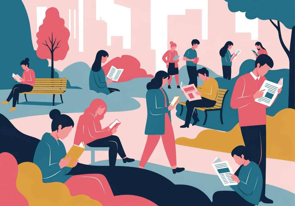 a group of people reading books in a park