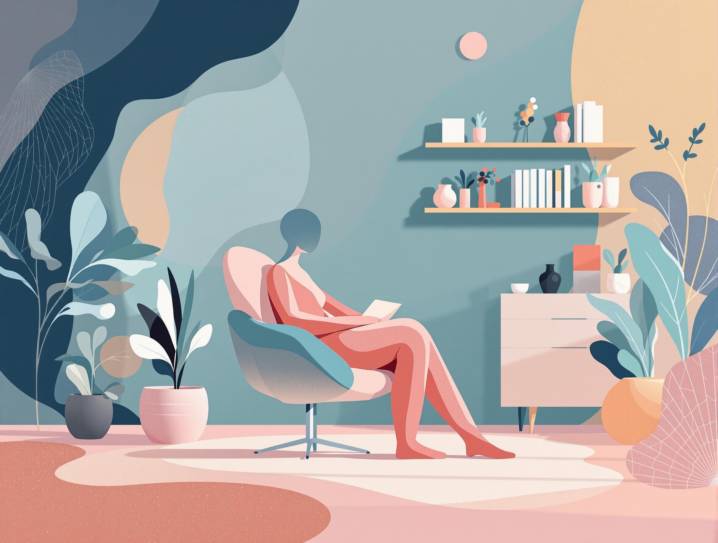 A person sits in a modern chair reading in a serene room filled with plants. Soft pastel colors create a calm, minimalist atmosphere.