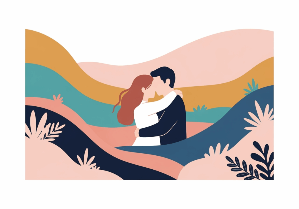 A couple sharing a kiss against a scenic mountain backdrop, surrounded by nature's beauty.