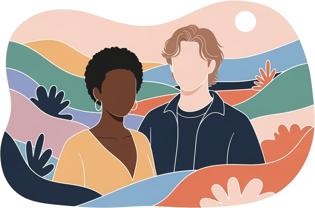 Two faceless individuals stand side by side amid abstract, colorful waves and plants, under a sun, evoking a sense of harmony and diversity.