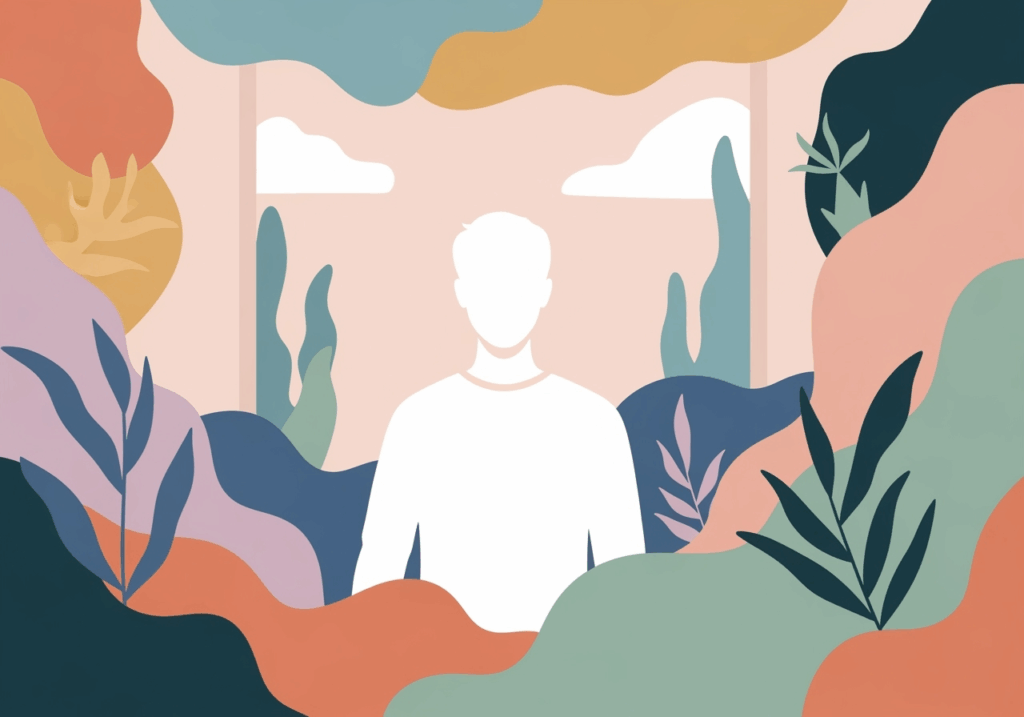 Abstract illustration of a faceless person in white, surrounded by colorful, leafy shapes in blue, orange, and pink tones, creating a calm, serene atmosphere.