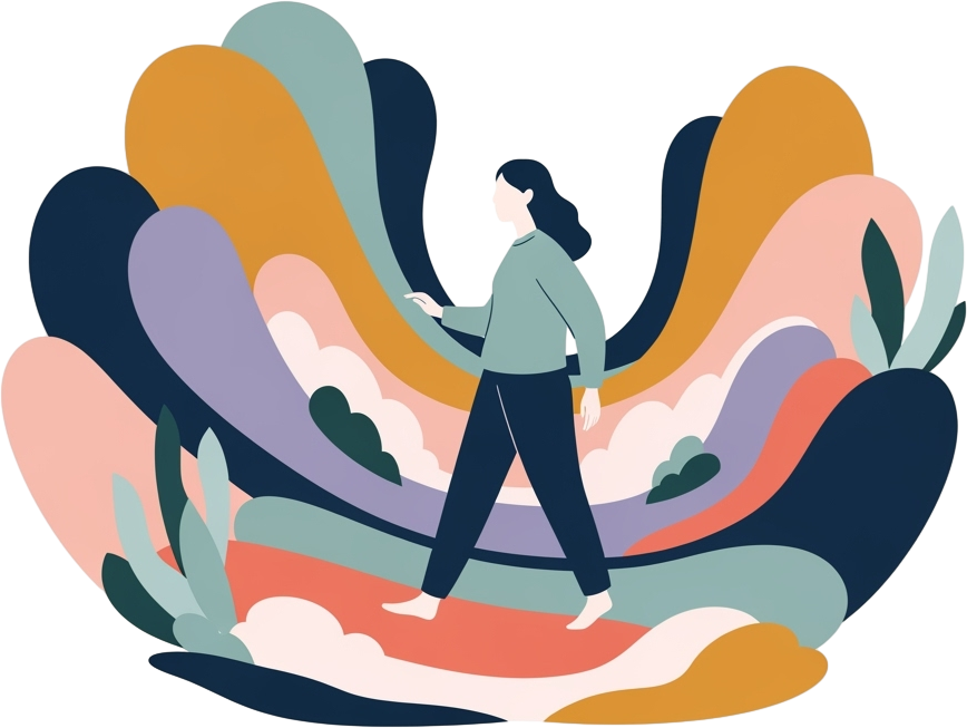 Illustration of a person walking, surrounded by colorful abstract shapes and leaves in warm tones, conveying a sense of movement and exploration.