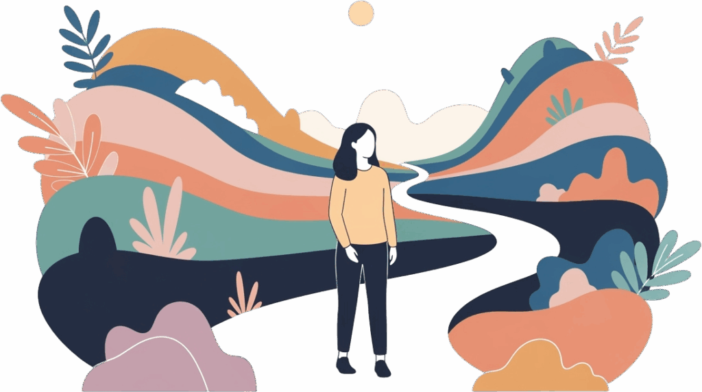 Illustration of a person standing on a winding path surrounded by vibrant, flowing hills and abstract foliage under a night sky. The mood is dreamy and serene.
