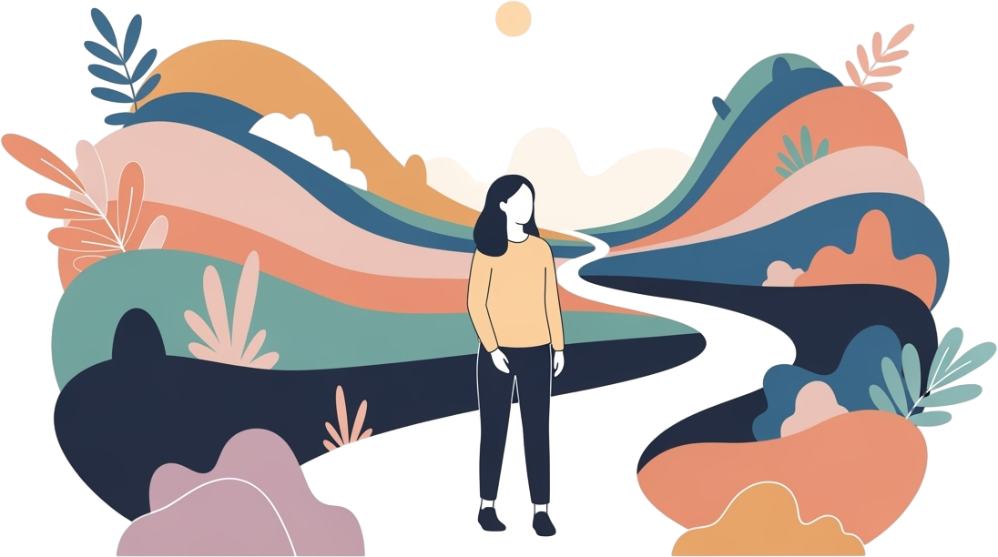 Illustration of a person standing on a winding path surrounded by vibrant, flowing hills and abstract foliage under a night sky. The mood is dreamy and serene.