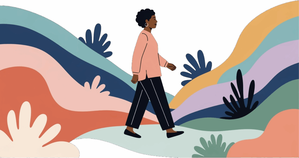 A person walks confidently on a wavy, colorful path with abstract foliage. The bright, flowing patterns suggest creativity and forward motion.