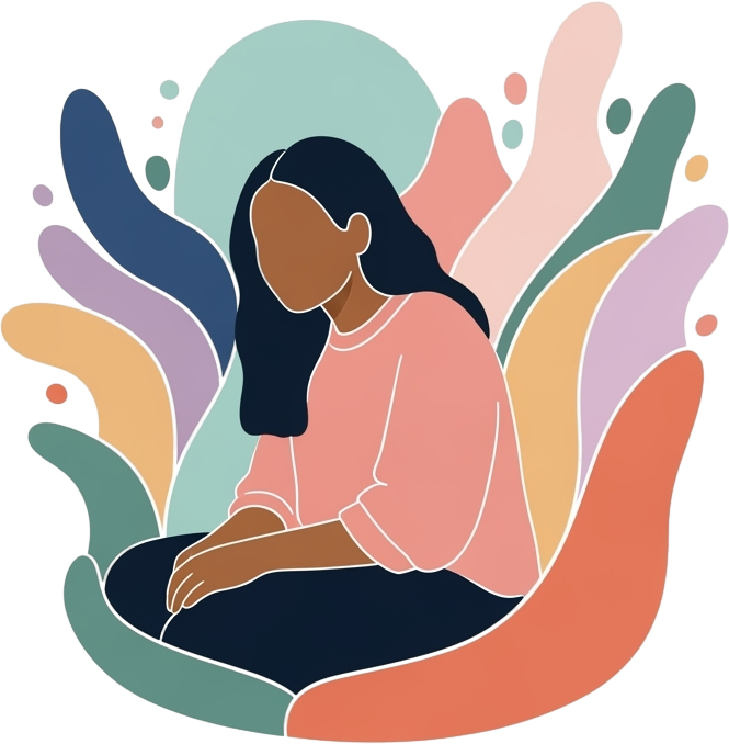 An illustration of a woman sitting cross-legged, surrounded by colorful abstract shapes. She wears a pink sweater, and the mood is calm and reflective.