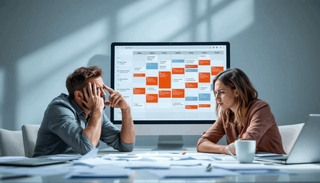 In the image, two people appear stressed as they examine a busy calendar filled with appointments and commitments, reflecting the challenges of managing their time in a relationship. This scene captures the complexities that can arise in both monogamous and non monogamous relationships, highlighting the need for clear communication and boundaries among partners