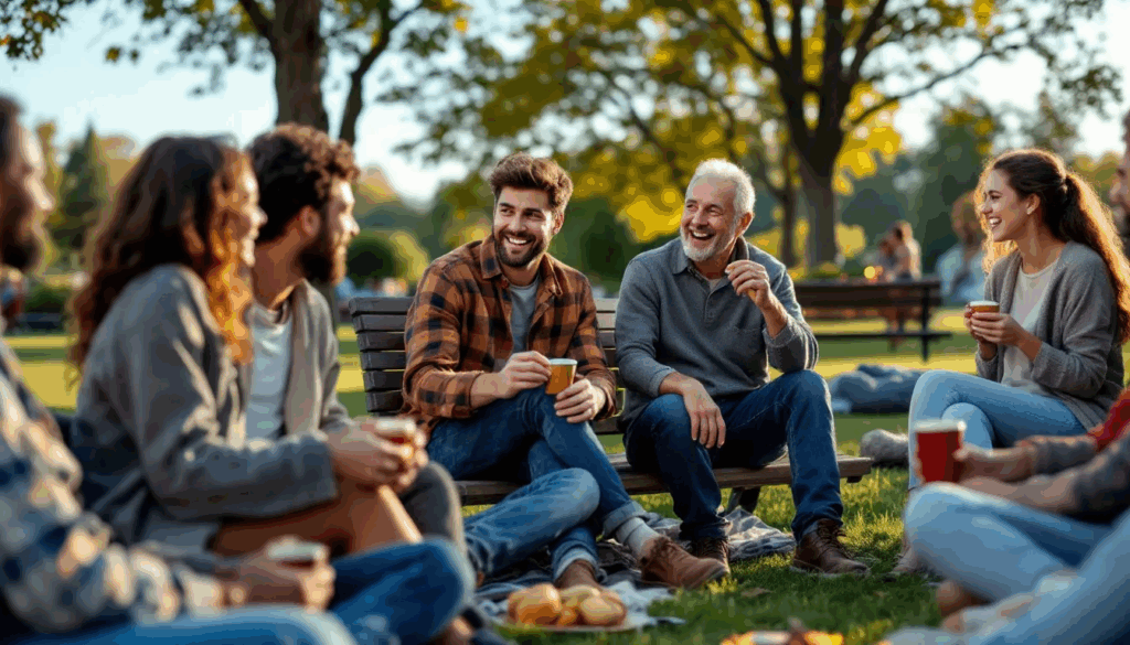 A diverse group of people of various ages is gathered in a casual setting, engaging in lively conversation and socializing, reflecting the openness and inclusivity often found in non monogamous relationships. The atmosphere is friendly and relaxed, showcasing the joy of connecting with others in committed and romantic relationships.