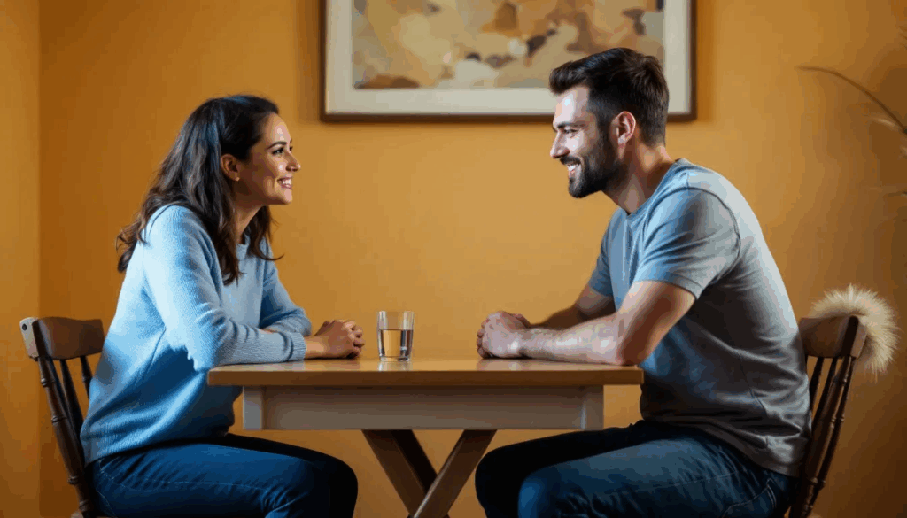 A man and woman sit facing each other at a small table with drinks, smiling warmly.