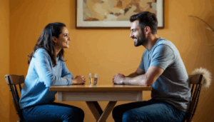 A man and woman sit facing each other at a small table with drinks, smiling warmly.